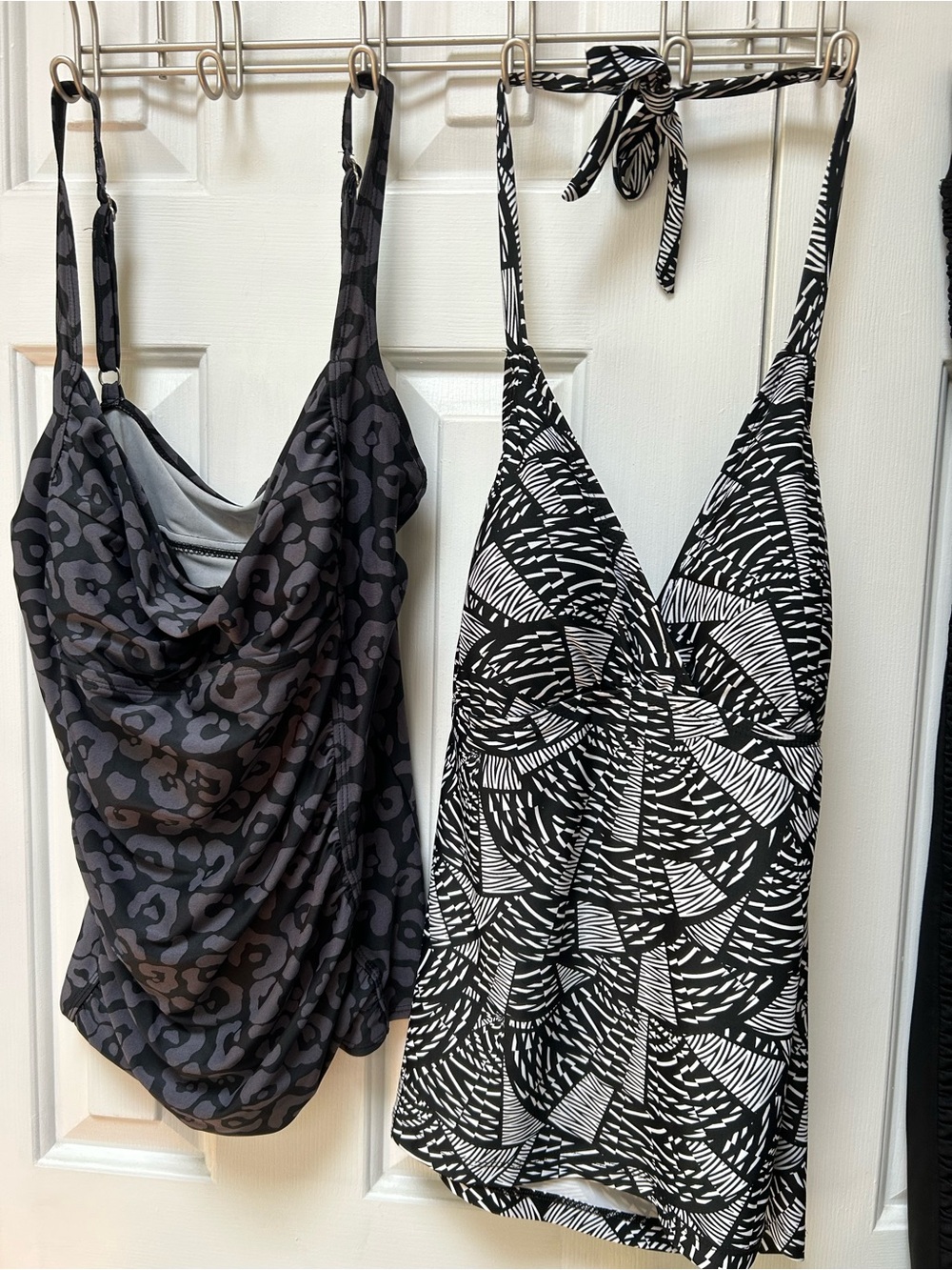 Black/White Patterned Tankini Top + Charcoal Leopard CowlNeck Tank, Both XL Tops